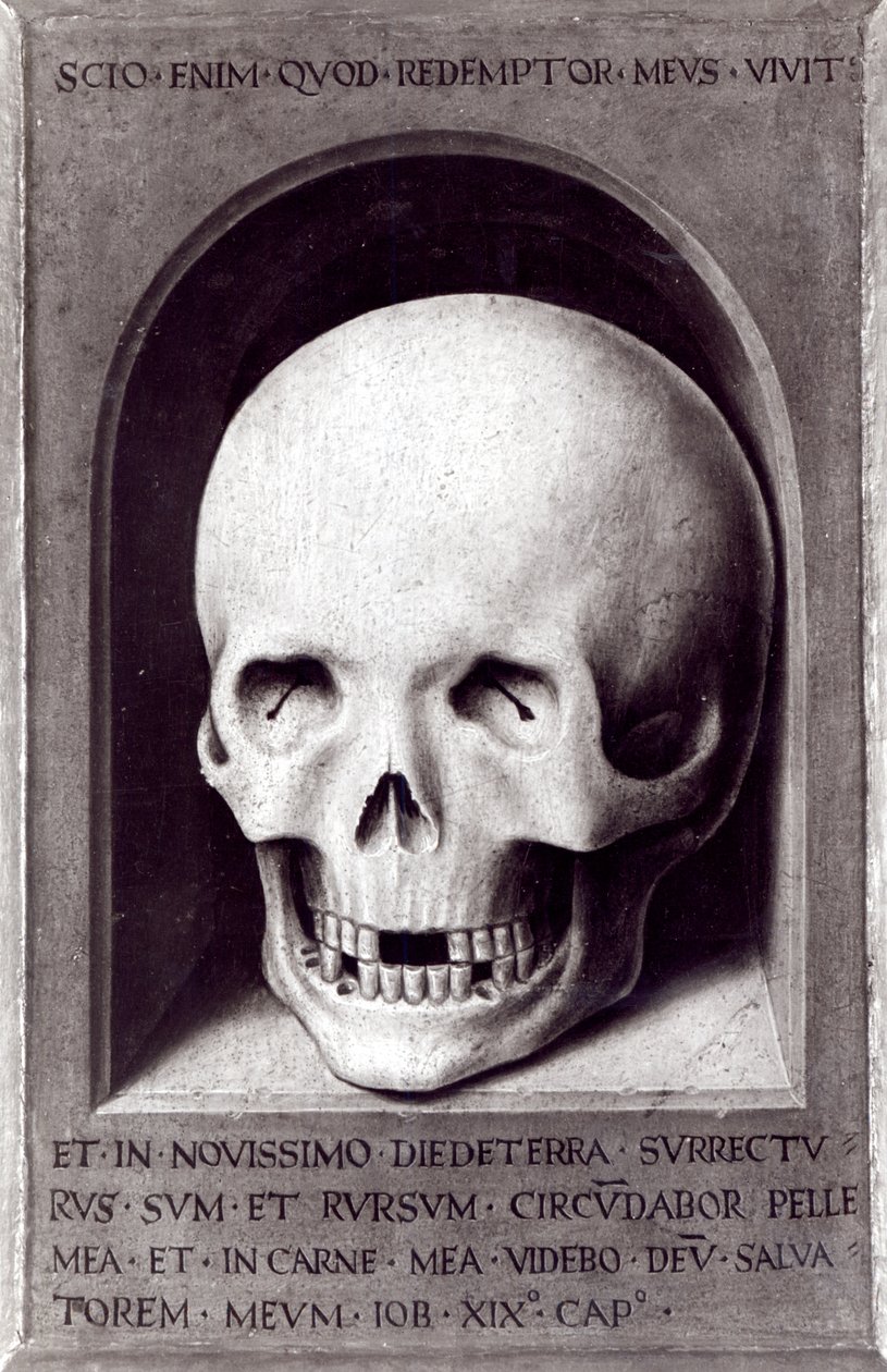 Dödskalle, högra panelen baksidan från Triptych of Earthly Vanity and Divine Salvation, c.1485 av Hans Memling