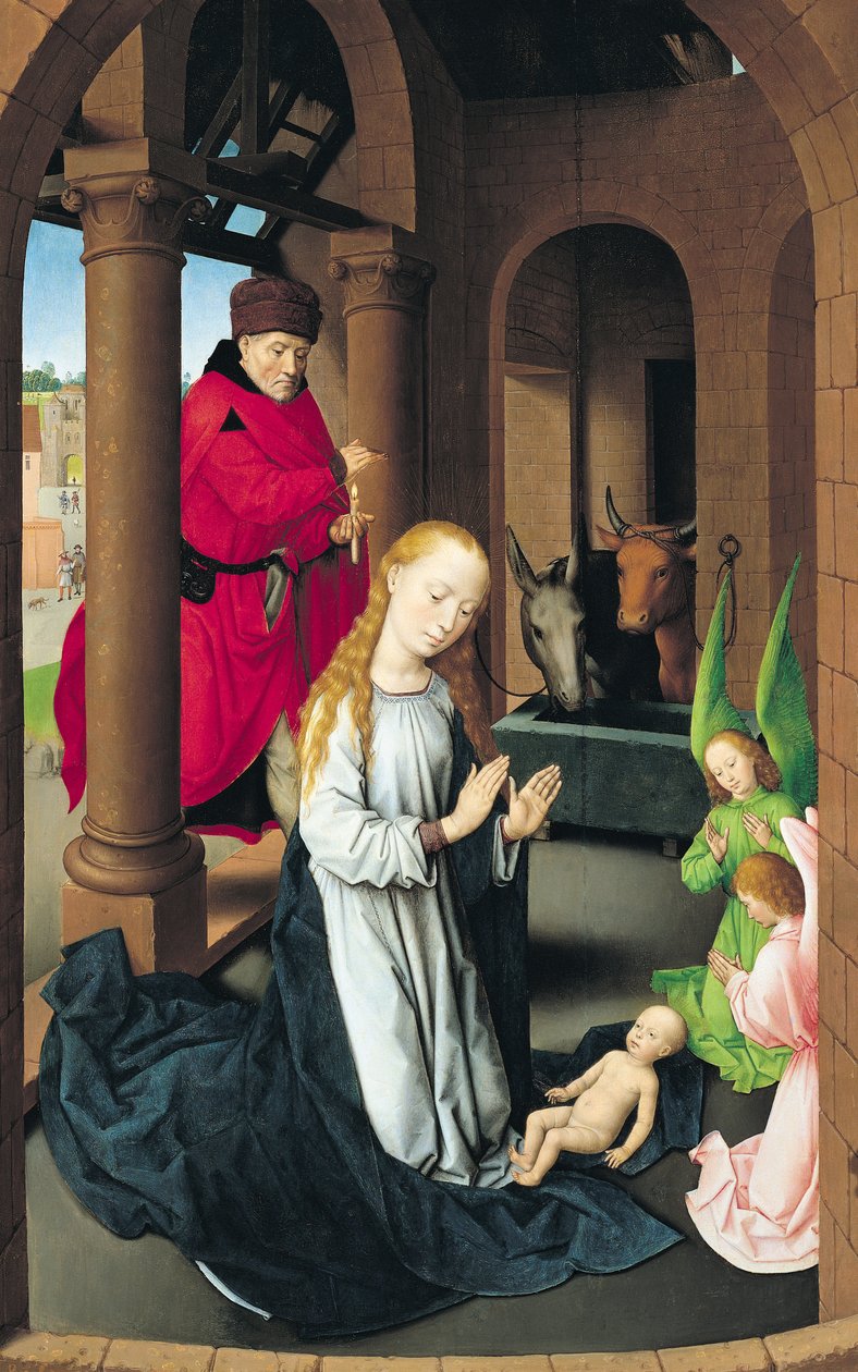 Födelsekyrkan, vänstra flygeln av en triptyk av tillbedjan av de män, c.1470-72 av Hans Memling