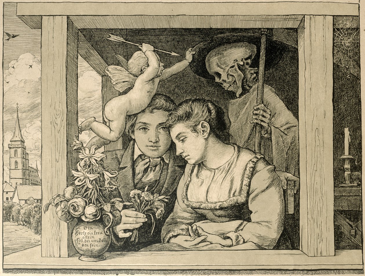 Reaper Death (Love and Death, The Newly-weds) 1896 (gravyr på brunt papper) av Hans Thoma