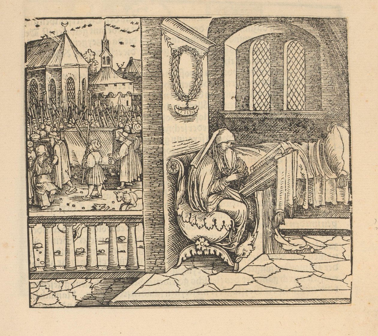 Bedjande kvinna och begravningståg av Hans Schäufelein (possibly)