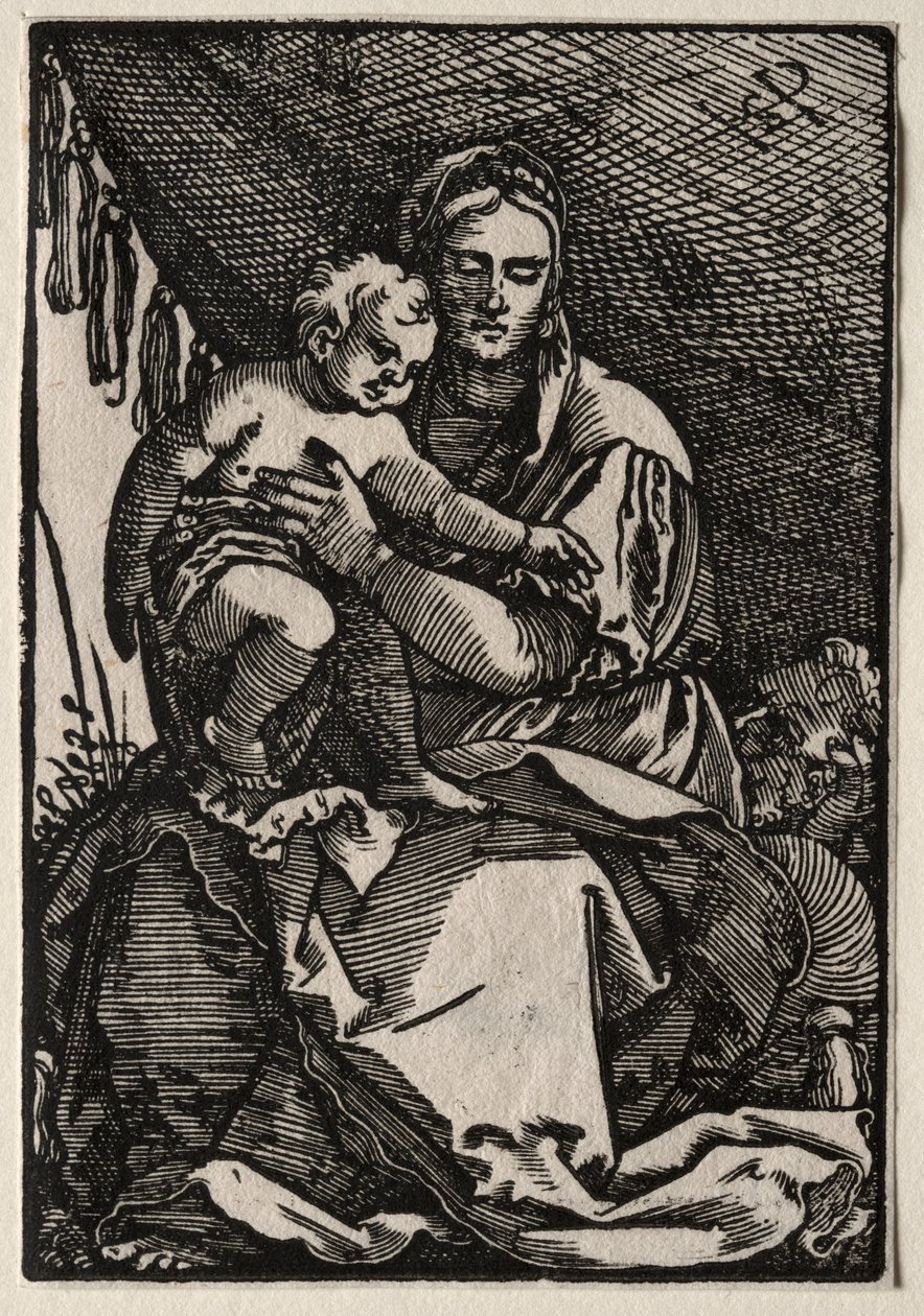 Den heliga familjen under ett tält. av Hans Sebald Beham