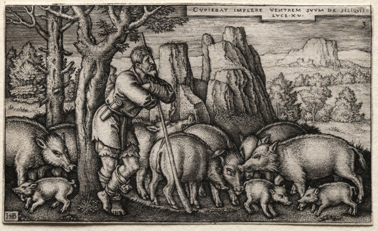 Den förlorade sonen: Tending Swine. av Hans Sebald Beham