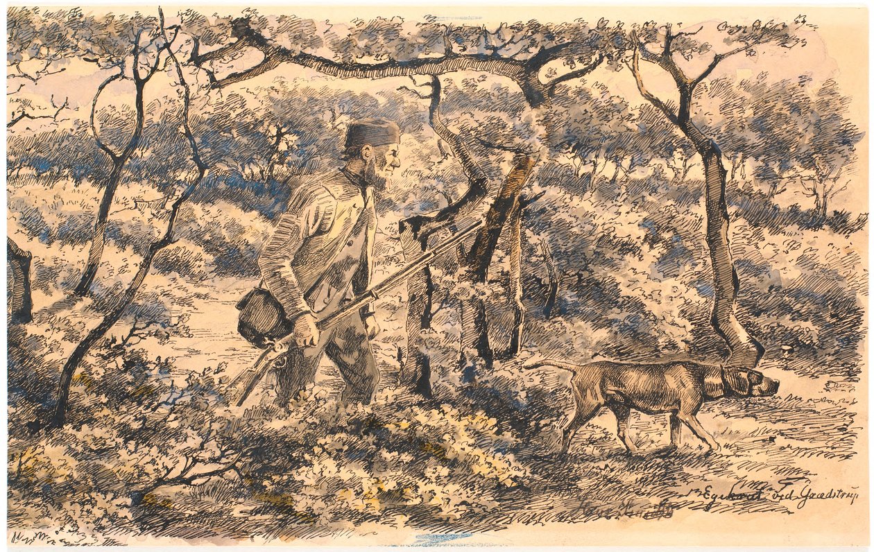 Tjuvskytt med hund i skogen av Hans Smidth