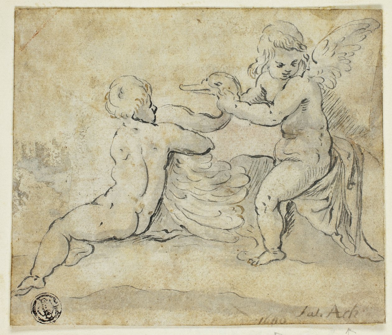 Putti Holding Swan av Hans von Aachen