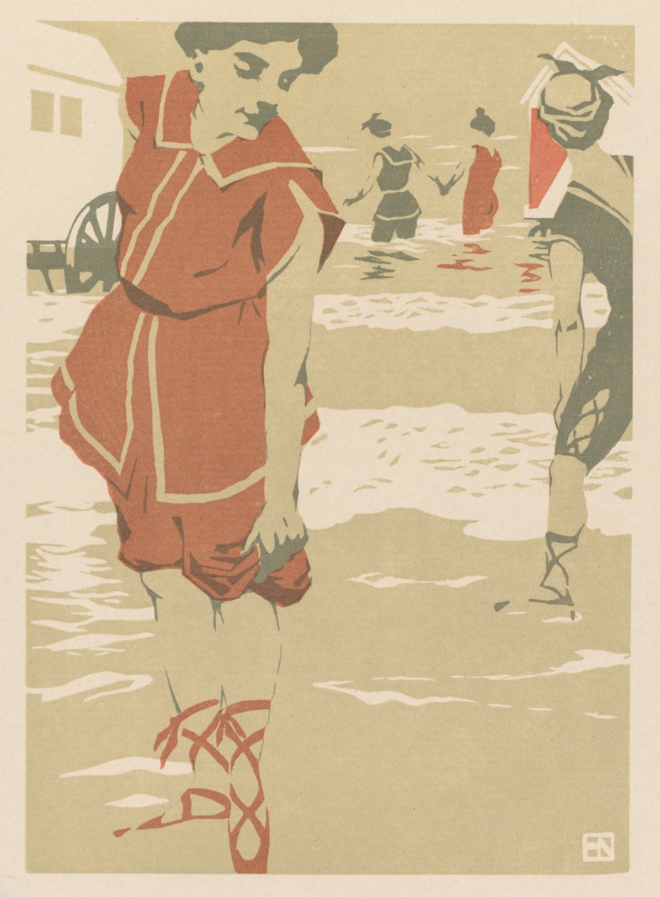 Badande, ca 1900 (träsnitt i färg) av Hans von Newmann