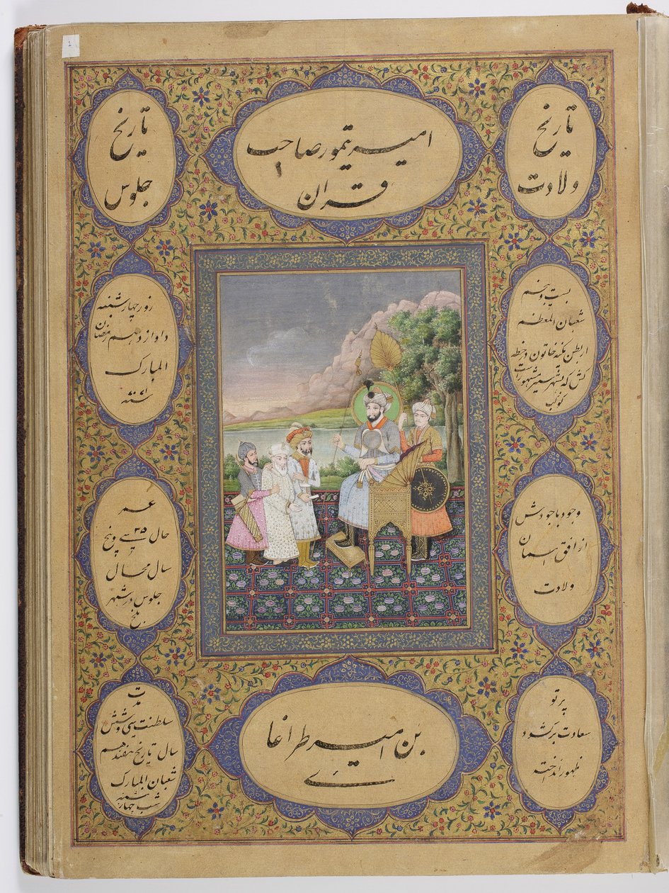 Album med mugghalska dynastiska genealogi, 1855 (opak wc och guld på papper) av Haqim Ahasan Ullah Khan