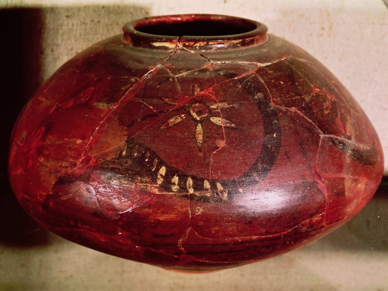 Vas dekorerad med en orm och en blomma, från Kot Diji, Indus Valley, Pakistan, 3000-1500 f.Kr. (keramik) av Harappan