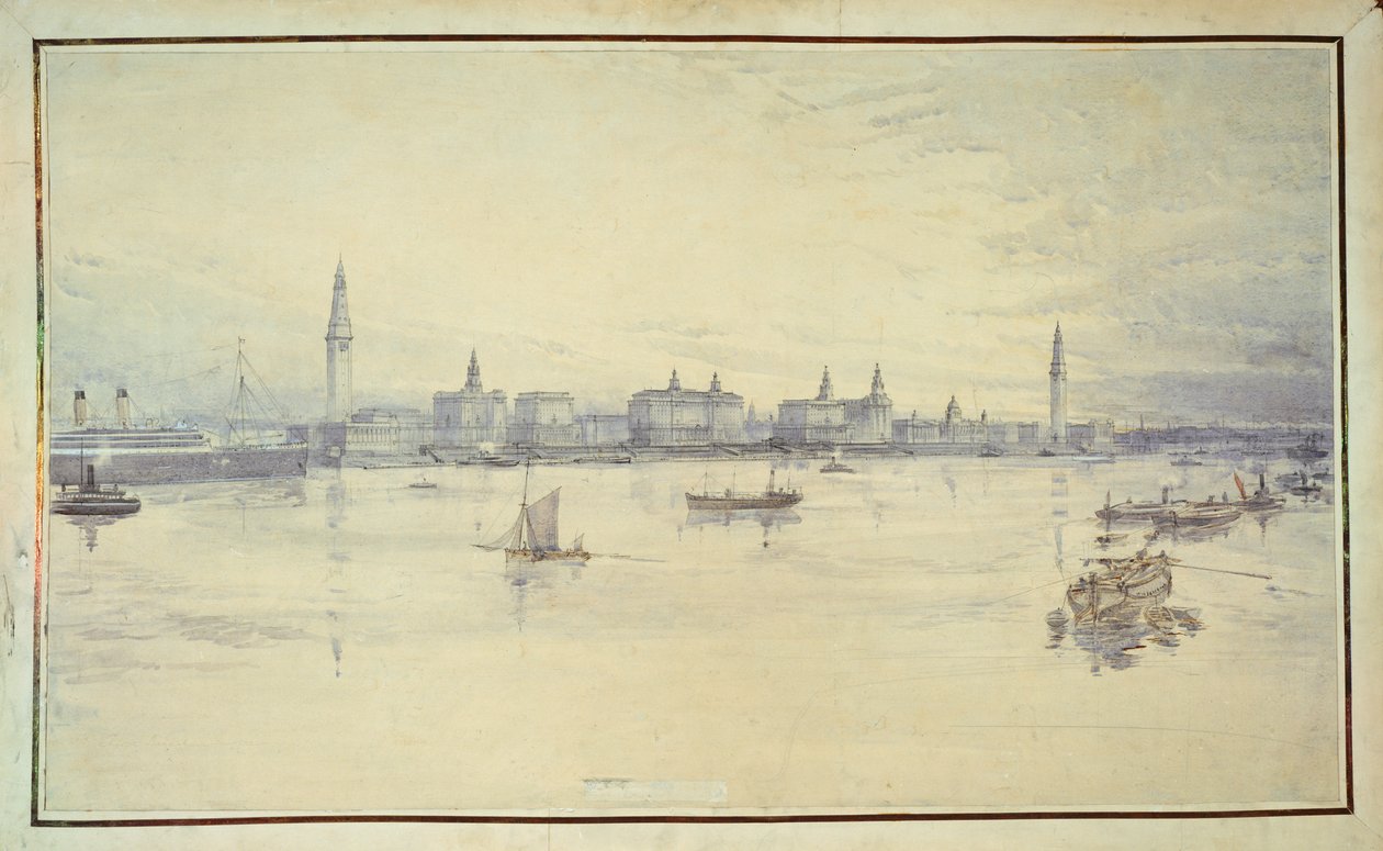 Projekt för Liverpool Waterfront (penna & bläck och wc på papper) av Harold Chalton Bradshaw