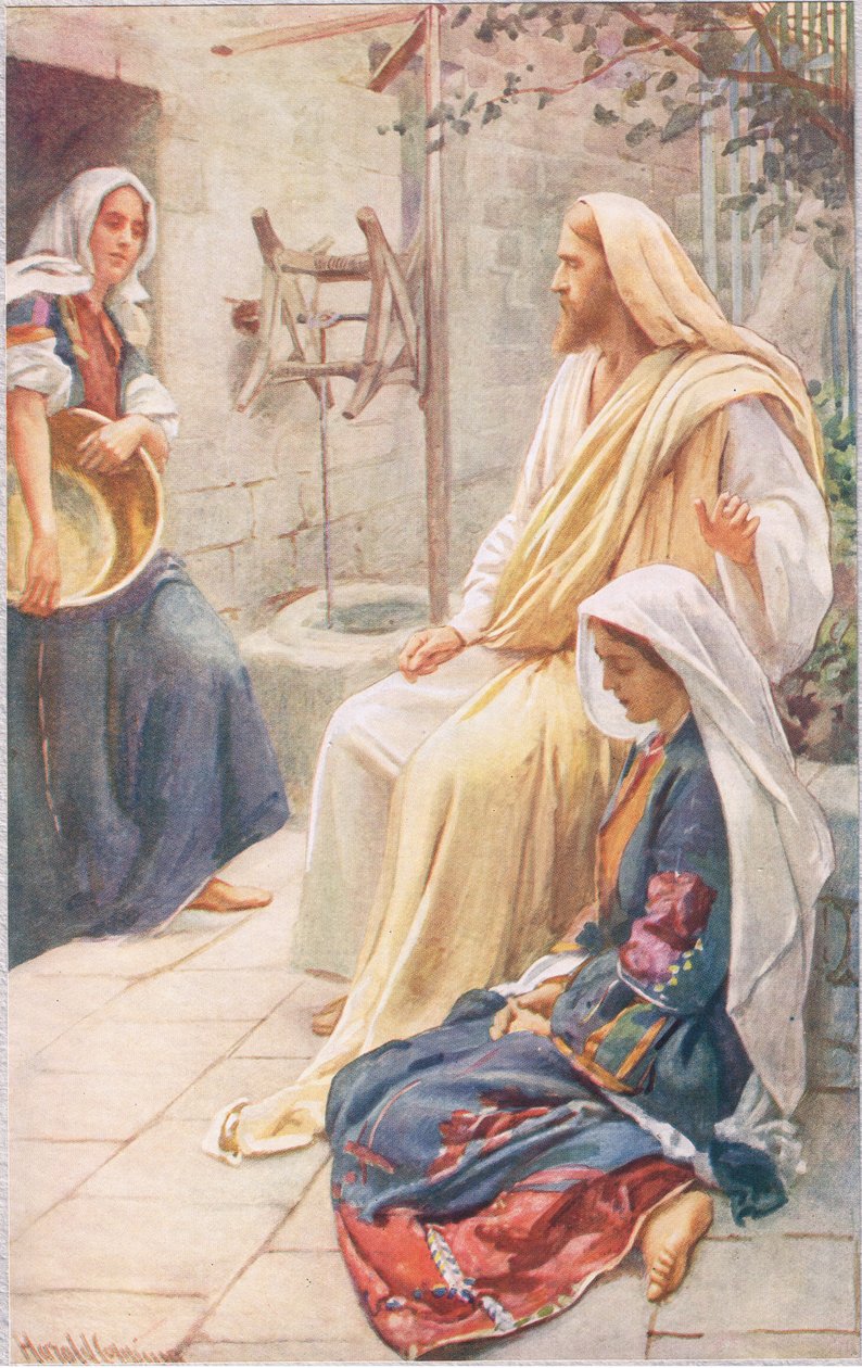 Martha och Maria, illustration från "Women of the Bible", utgiven av The Religious Tract Society, 1927. av Harold Copping
