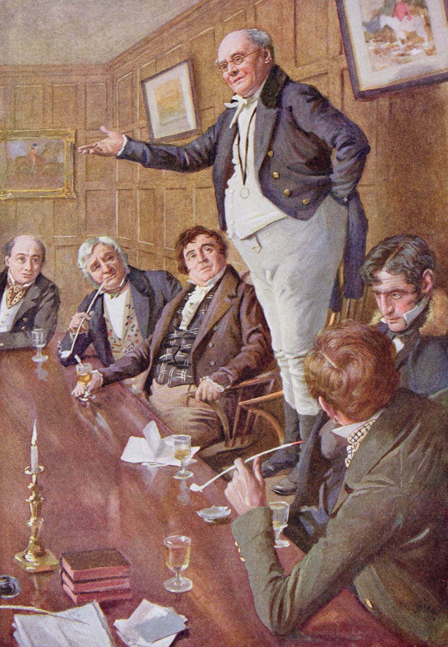Mr Pickwick Addresses the Club, illustration till "Character Sketches from Dickens" sammanställd av B.W. Matz, 1924 av Harold Copping