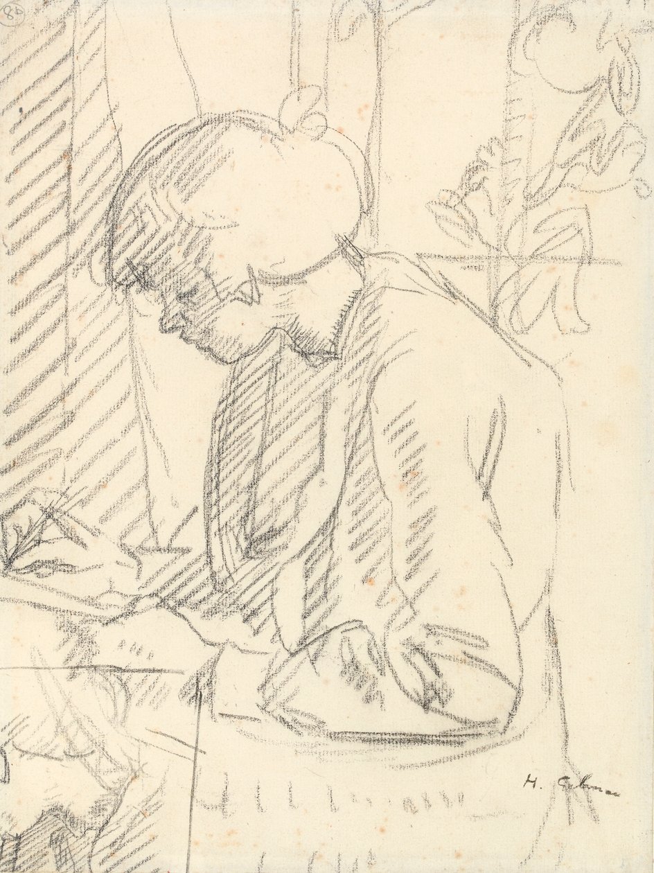 En flicka som skriver (svart krita på papper) av Harold Gilman