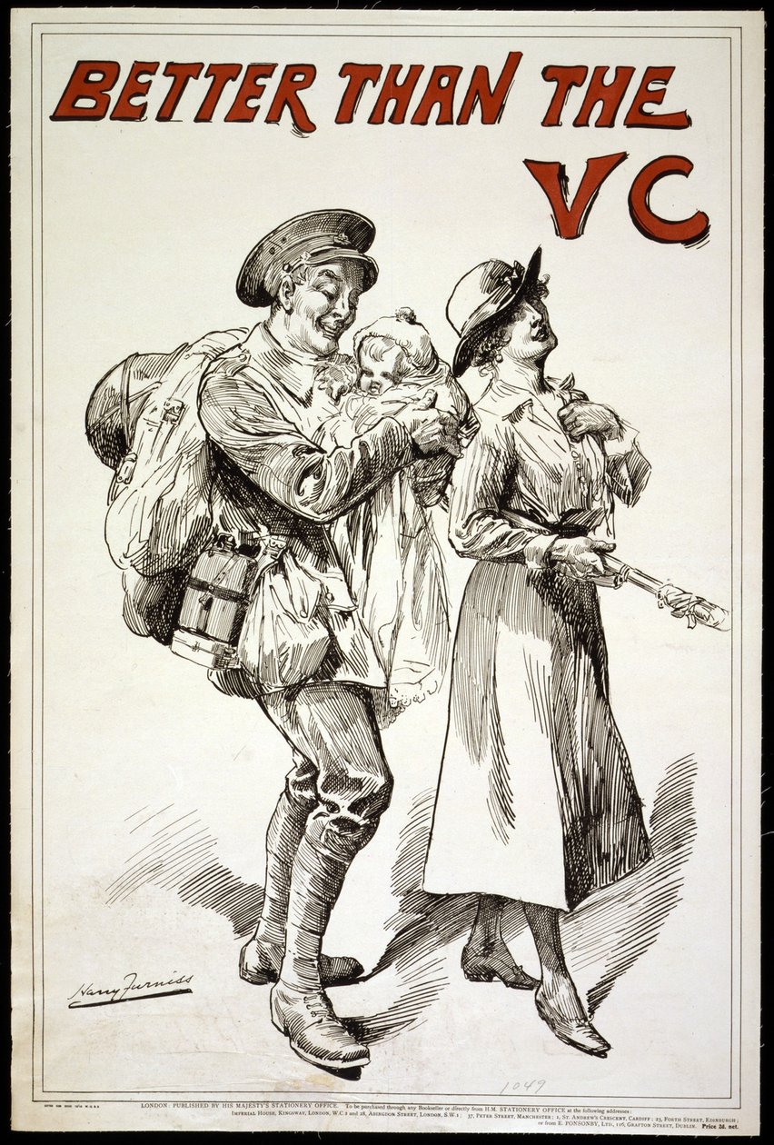 Bättre än VC. (dvs. Victoria Cross) - Affisch som visar en soldat som håller en bebis när han följer sin fru.1918 av Harry Furniss