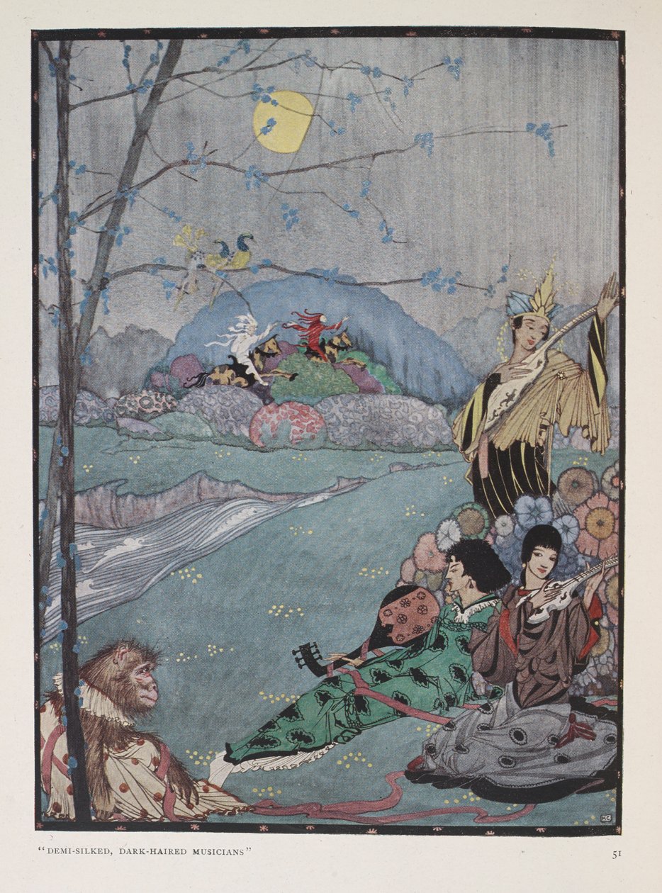 Arabien. "Demi-silked mörkhåriga musiker" av Harry Clarke