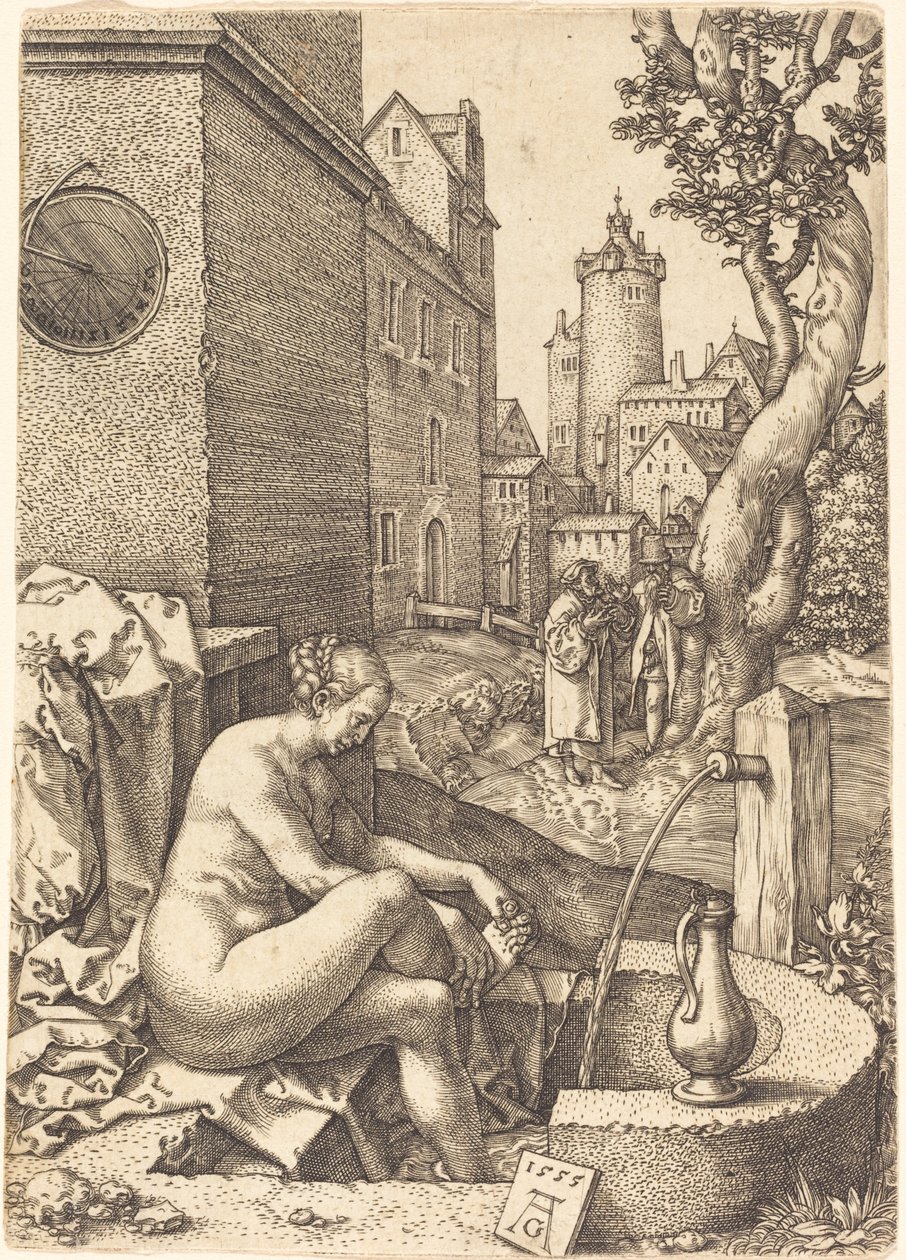 Susanna förvånad av de två äldste, 1555. av Heinrich Aldegrever