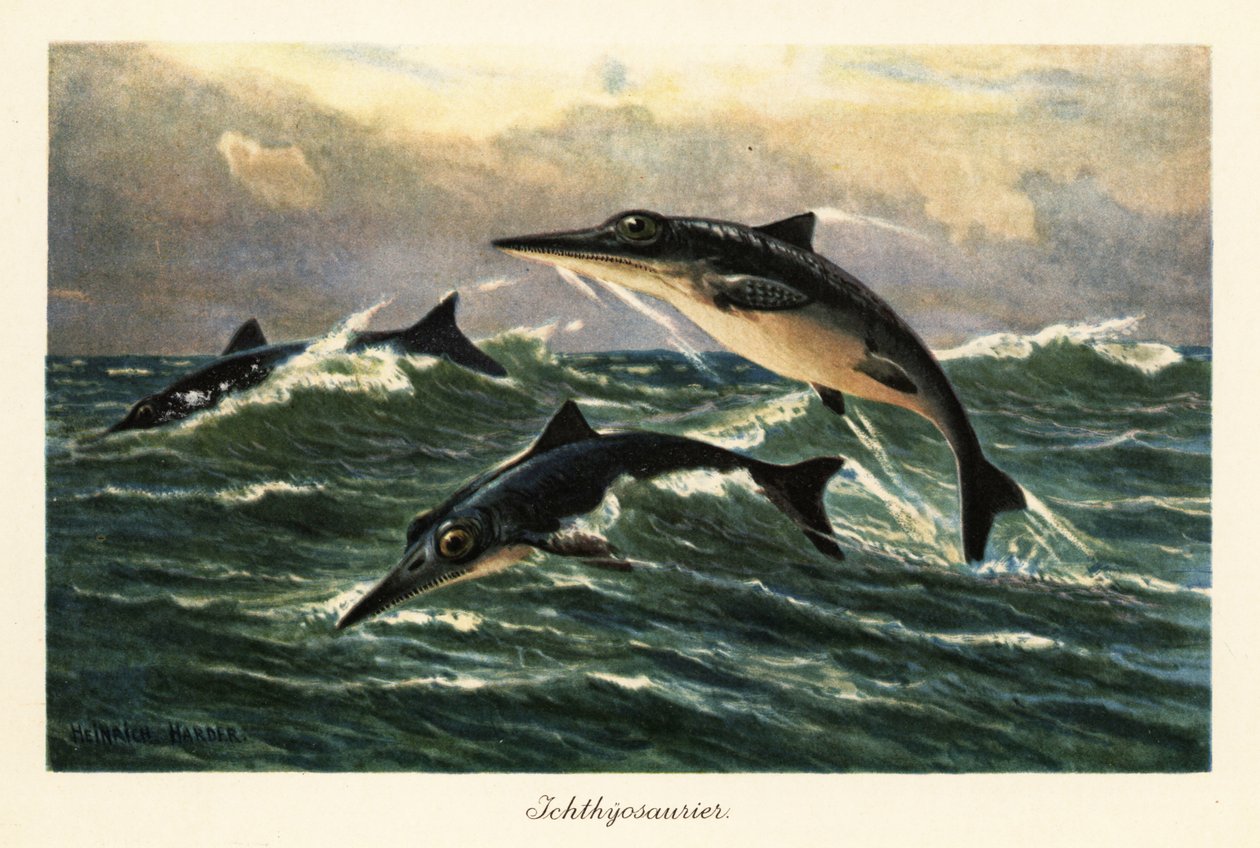 Utdöda ichthyosaurier hoppar över havet. av Heinrich Harder