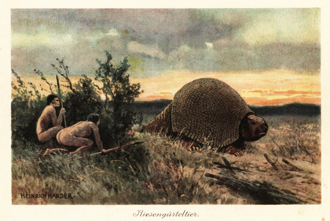 Primitiva män med spjut som jagar en glyptodon. av Heinrich Harder