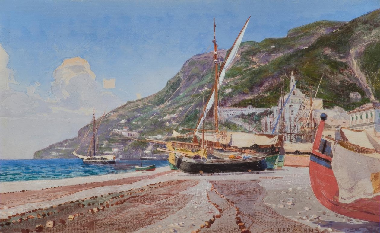 Amalfi, fiskebåtar på stranden / akvarell av H.Hermanns av Heinrich Hermanns