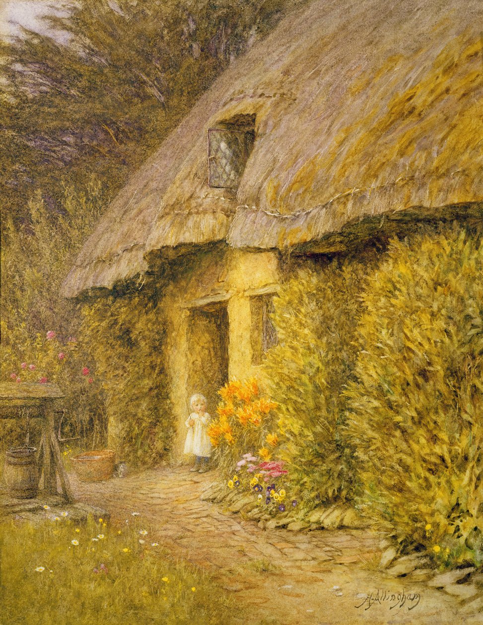 Ett barn vid dörröppningen till en stuga med halmtak av Helen Allingham