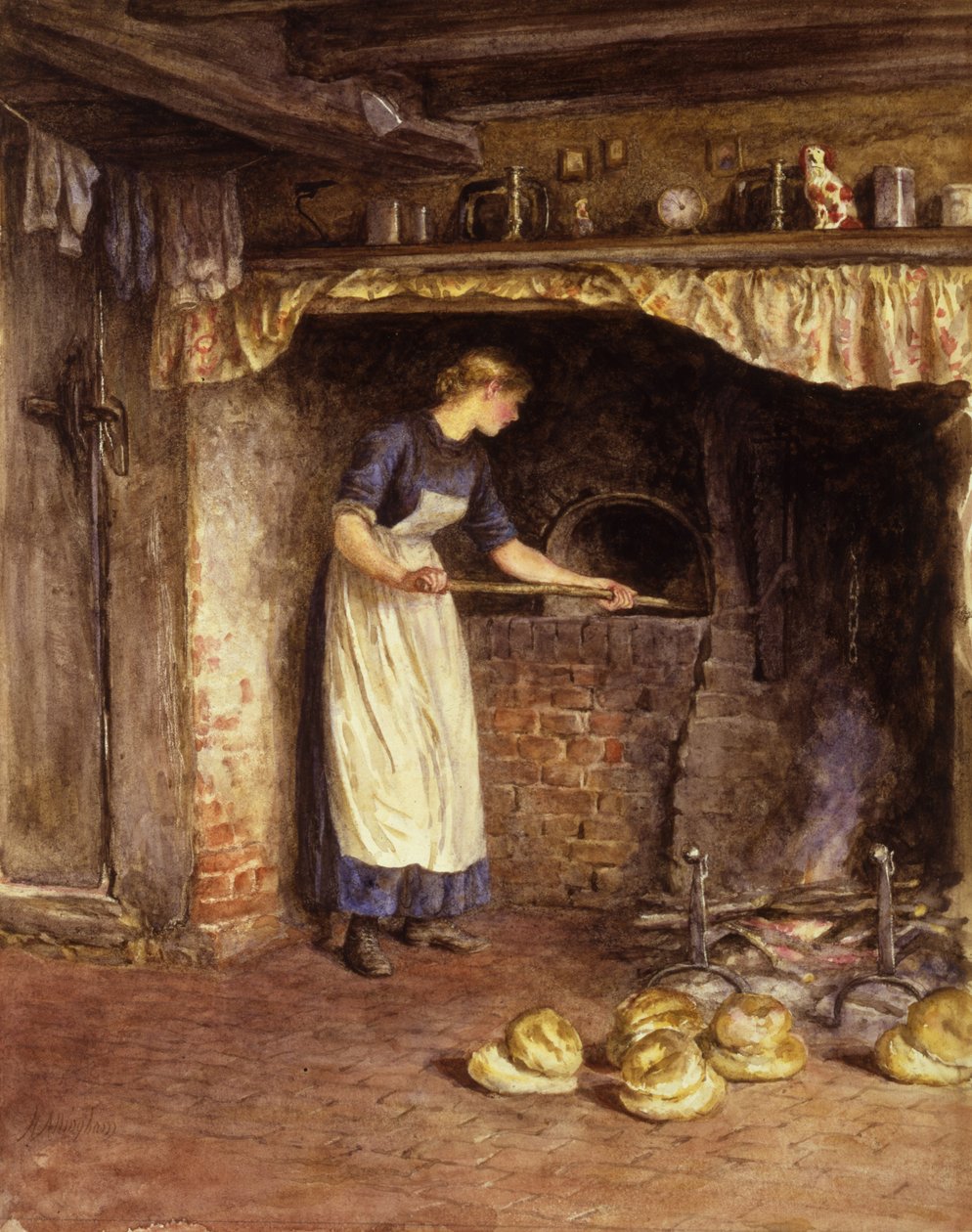 Bakning av bröd, ca 1882 (wc på papper) av Helen Allingham