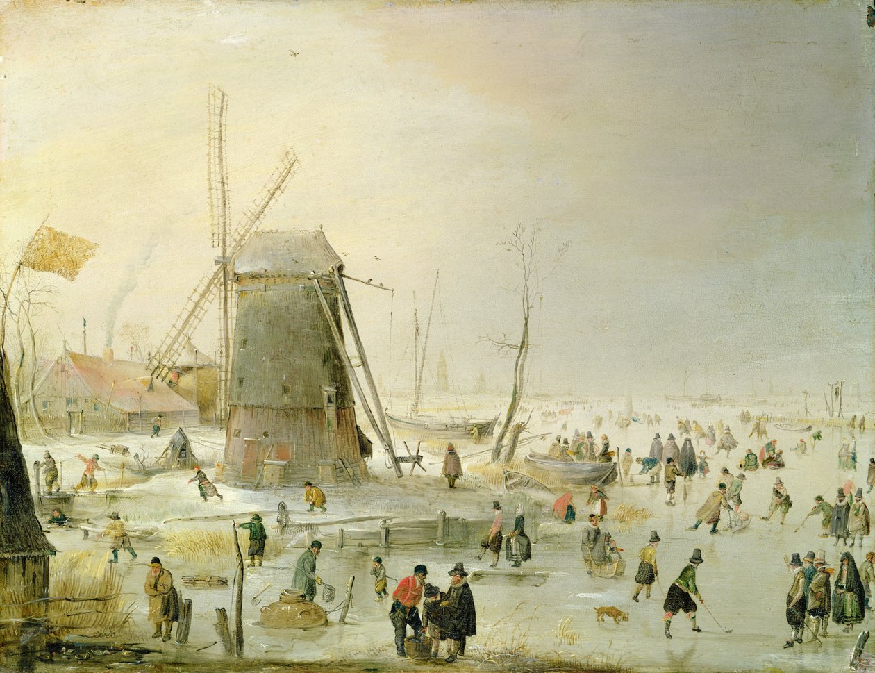 En vinterscen med skridskoåkare vid en väderkvarn av Hendrick Avercamp