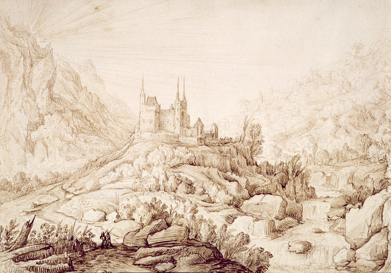 Bergigt landskap med ett slott, c.1589 av Hendrick Cornelisz. Vroom