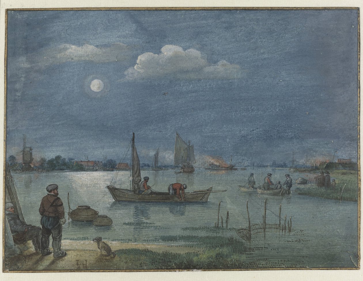 Månbelyst flodlandskap med fiskare av Hendrick Avercamp