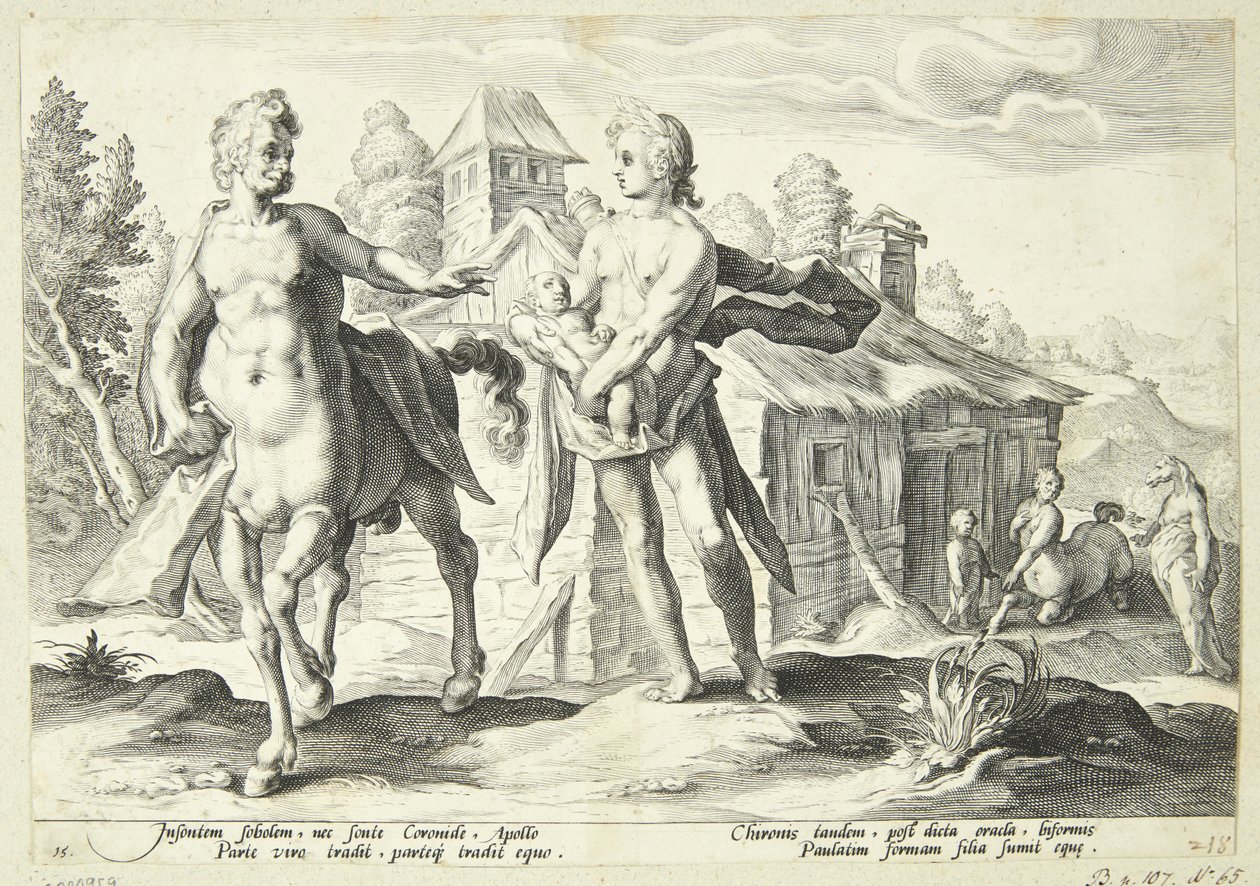 Apollo anförtror Cheiron Asklepios utbildning av Hendrick Goltzius