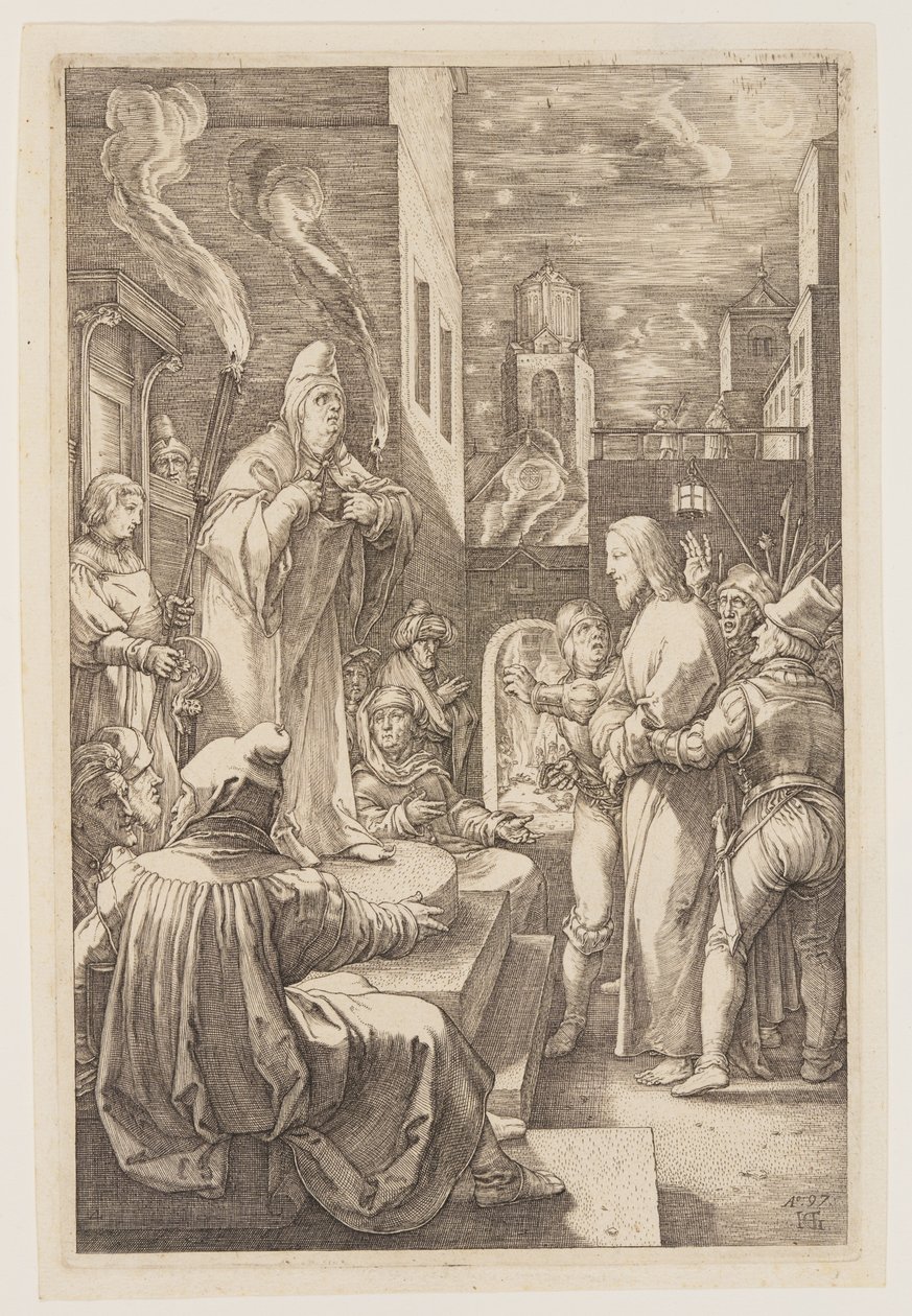 Kristus inför Kajafas, från Passionen av Hendrick Goltzius