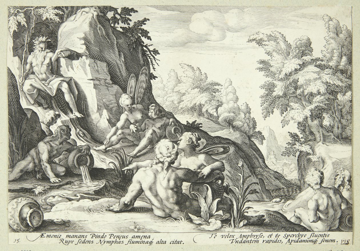 Flodguden Peneus omgiven av andra gudomliga gestalter av Hendrick Goltzius