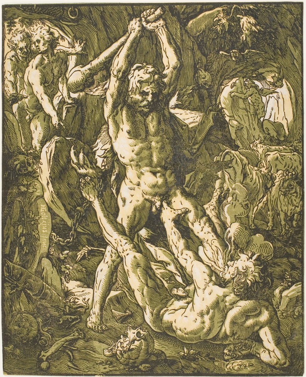 Hercules dödar Cacus av Hendrick Goltzius