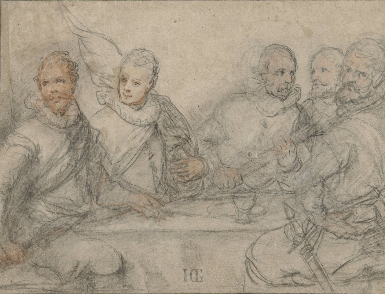 Fem officerare, studera för en beväpnad mäns måltid. av Hendrick Goltzius