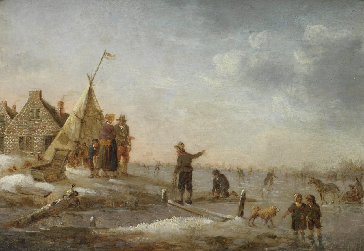 Vinterlandskap med figurer skridskor före en by av Hendrik Willem Schweickhardt