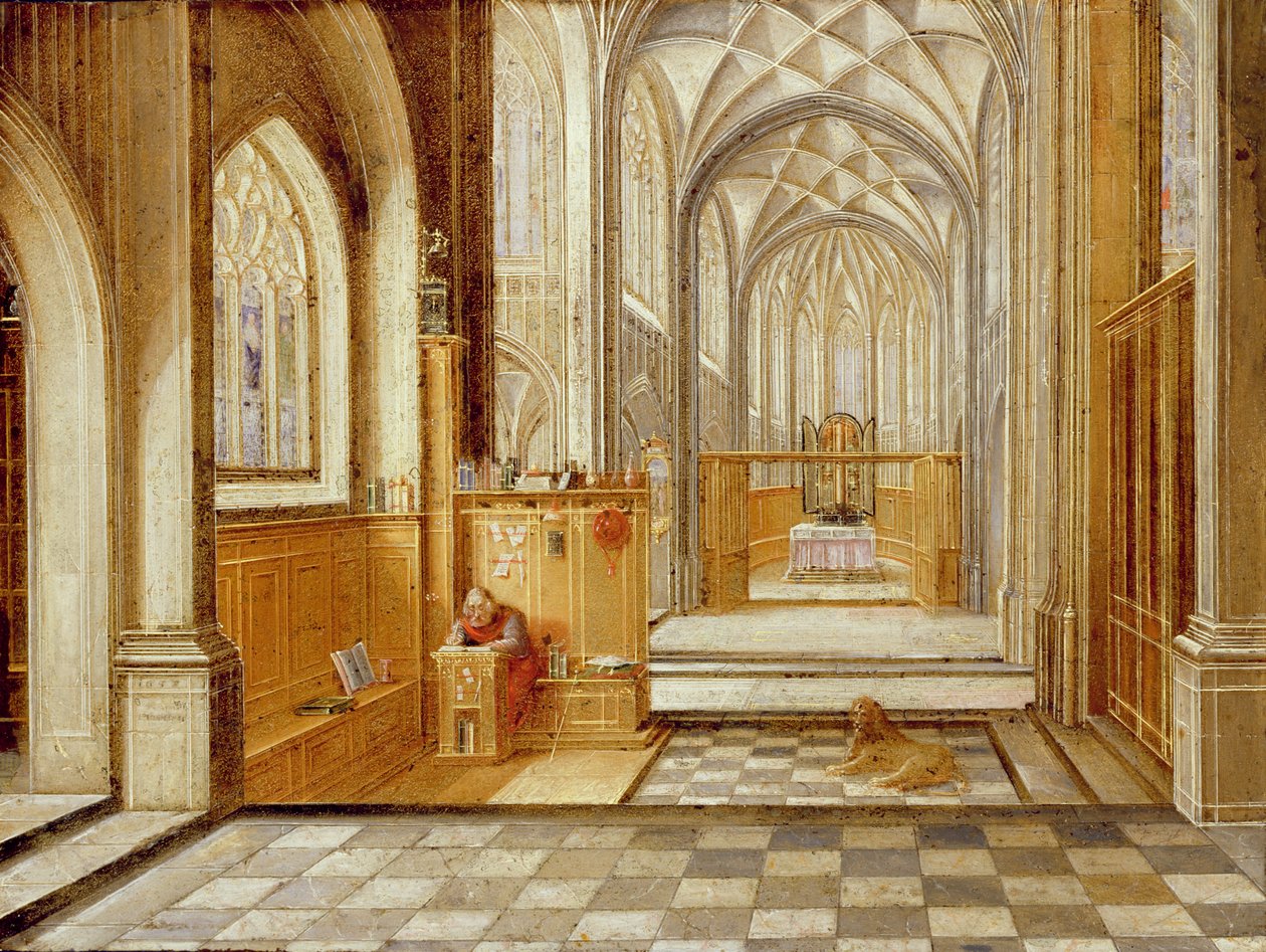Den helige Hieronymus i en gotisk kyrka (olja på koppar) av Hendrik the Younger Steenwyck