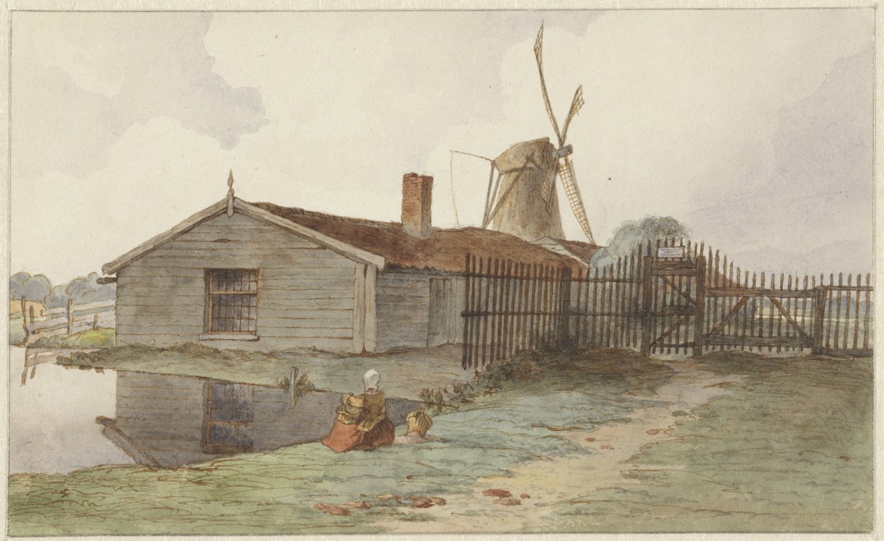 Väderkvarn med träbyggnader nära Amsterdam av Hendrik Abraham Klinkhamer