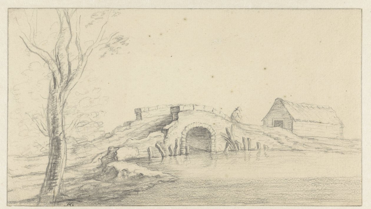 Landskap med fallfärdig stenbro av Hendrik Chalon