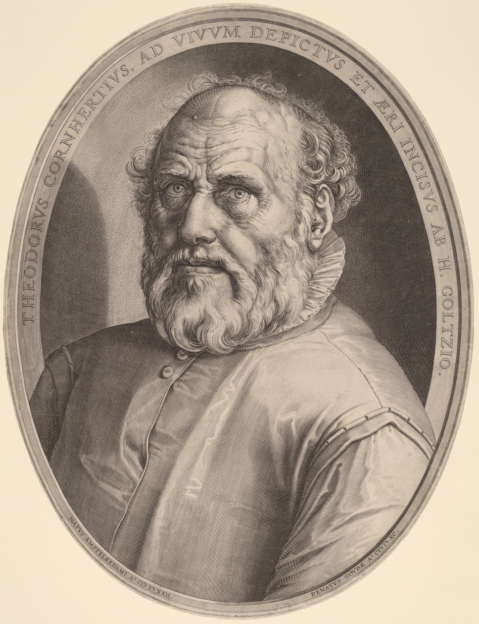 Porträtt av Dirk Volckertcz. hjortar av Hendrik Goltzius