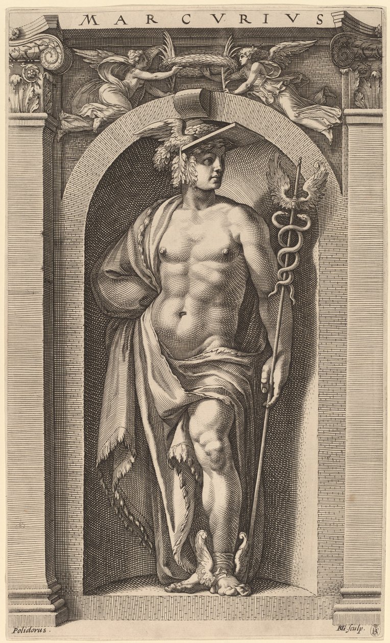Merkurius av Hendrik Goltzius after Polidoro da Caravaggio