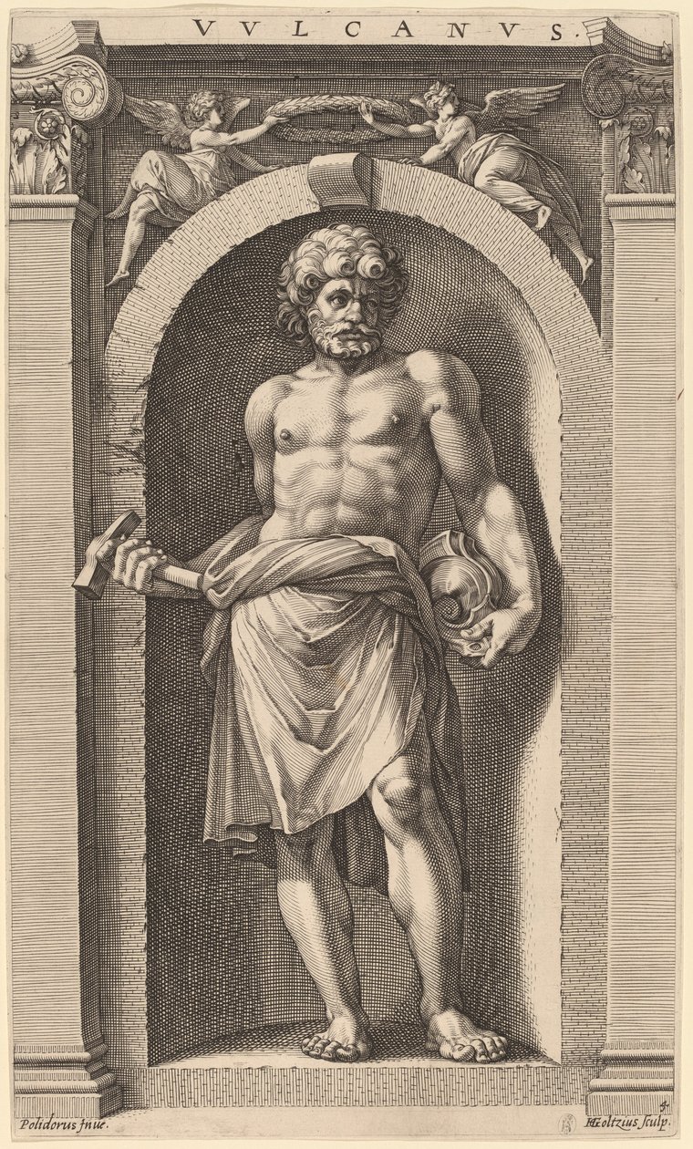 Vulcanus av Hendrik Goltzius after Polidoro da Caravaggio
