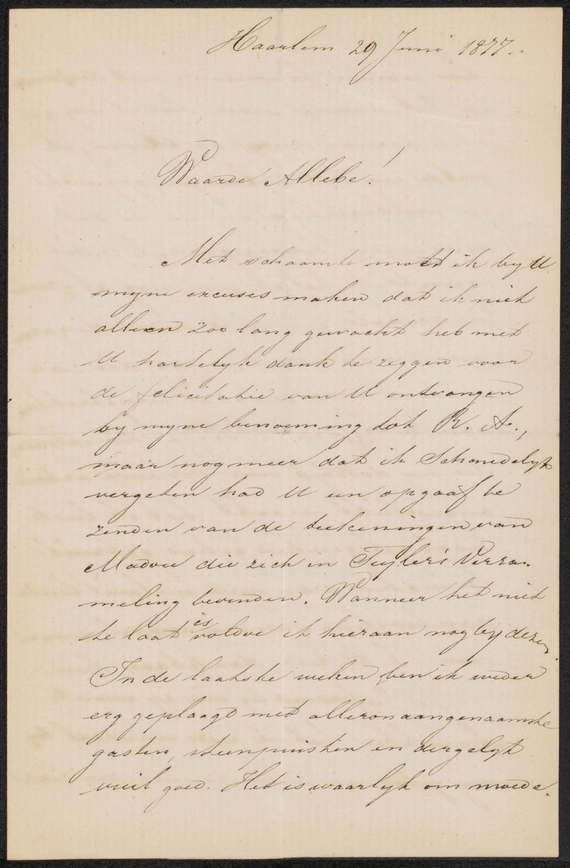 Brev till August Allebé av Hendrik Jacobus Scholten