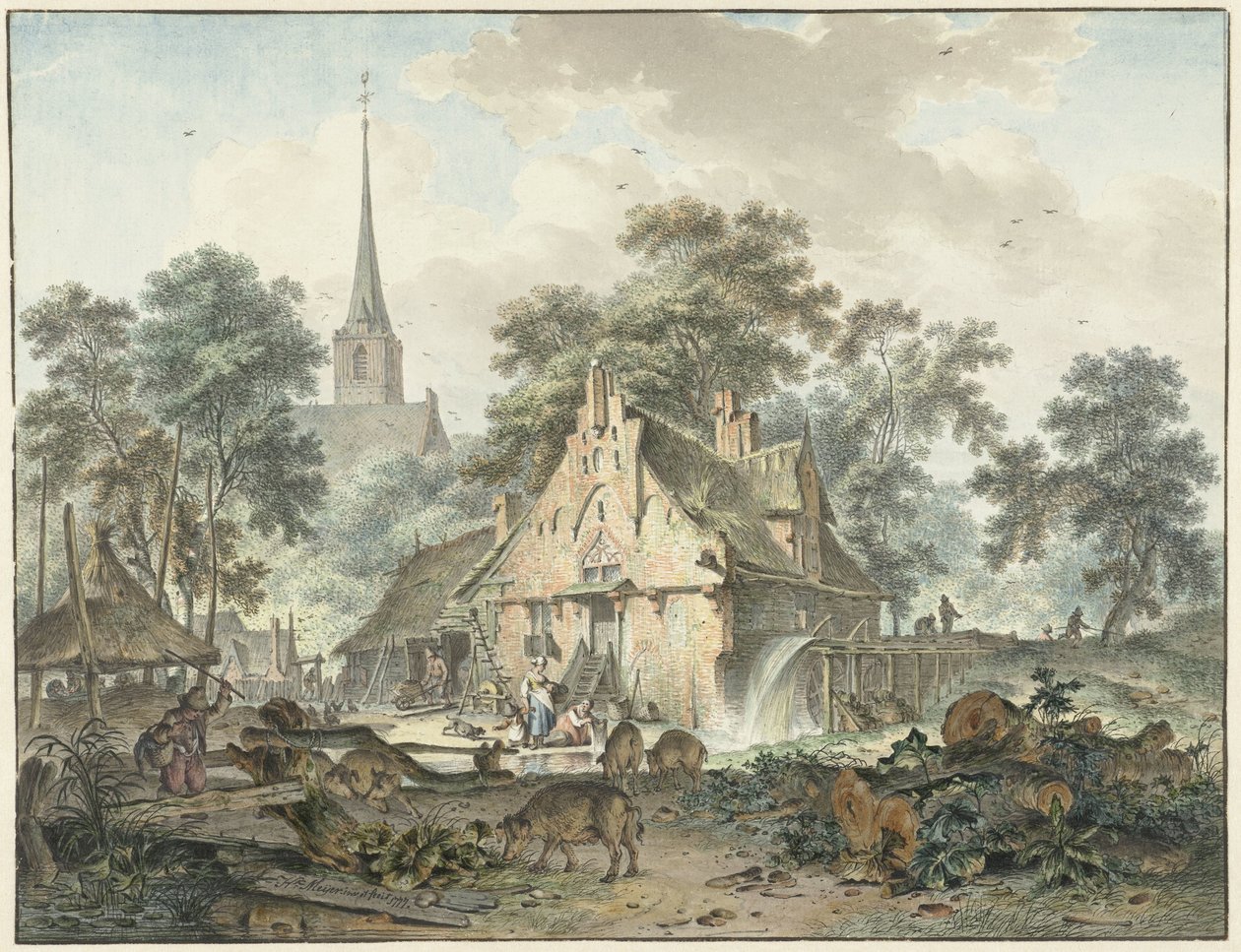 Vattenkvarn och bykyrka av Hendrik Meijer