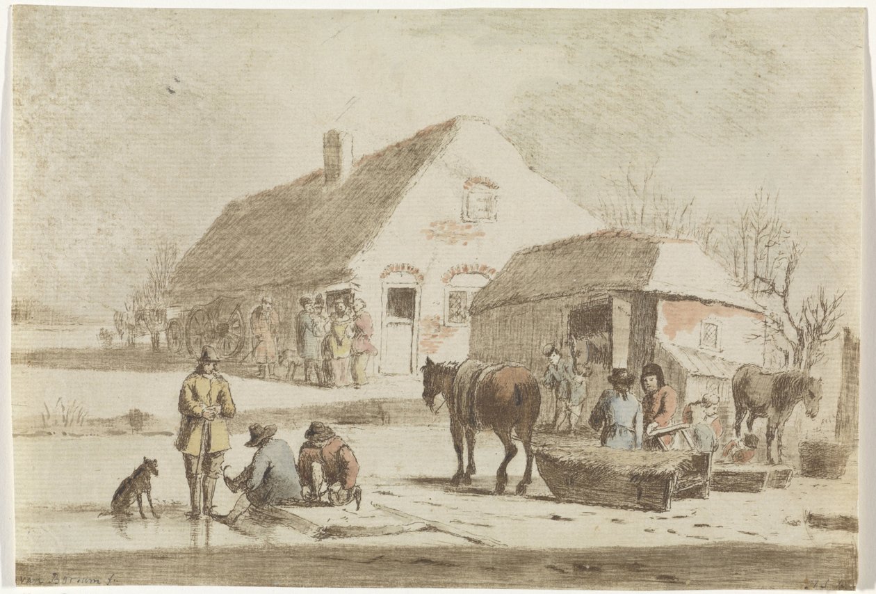 Skridskoåkare och en släde på en gård av Hendrik Spilman