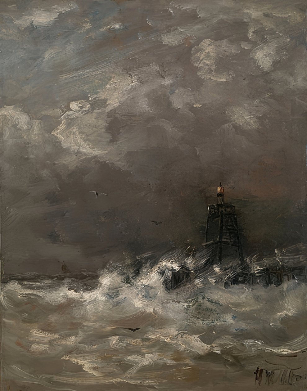 Fyr i brytande vågor. Omkring 1900-07 av Hendrik Willem Mesdag