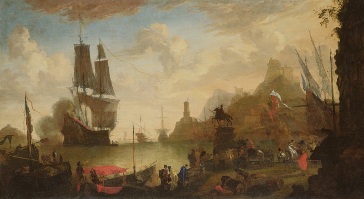 Utsikt över en italiensk hamn av Hendrik van Minderhout
