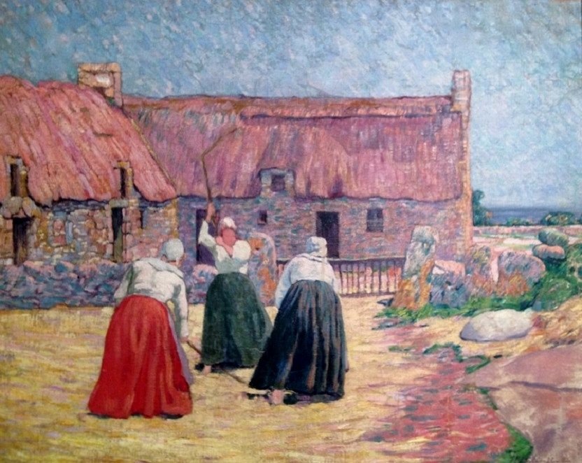  Scene de battage or French: Cour de ferme a Benarven av Henri Delavallee