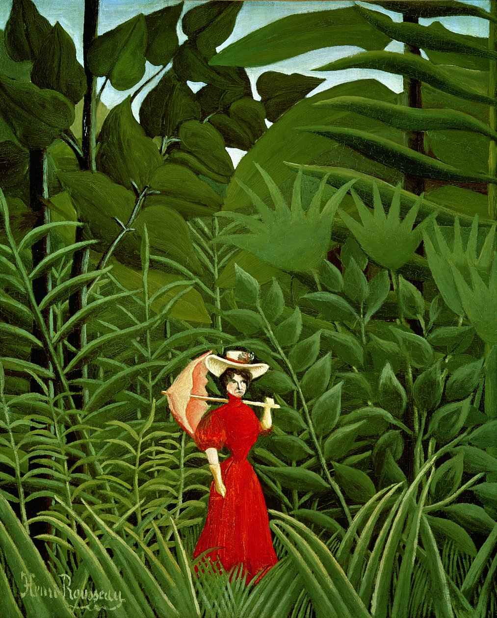 Kvinna i rött i skogen, ca 1907 av Henri Rousseau