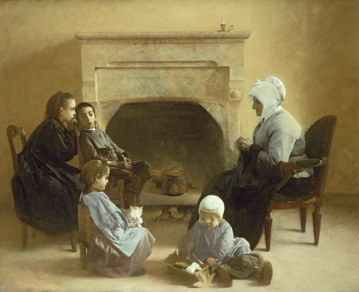 Familjen sitter runt en härd av Henri Jules Jean Geoffroy