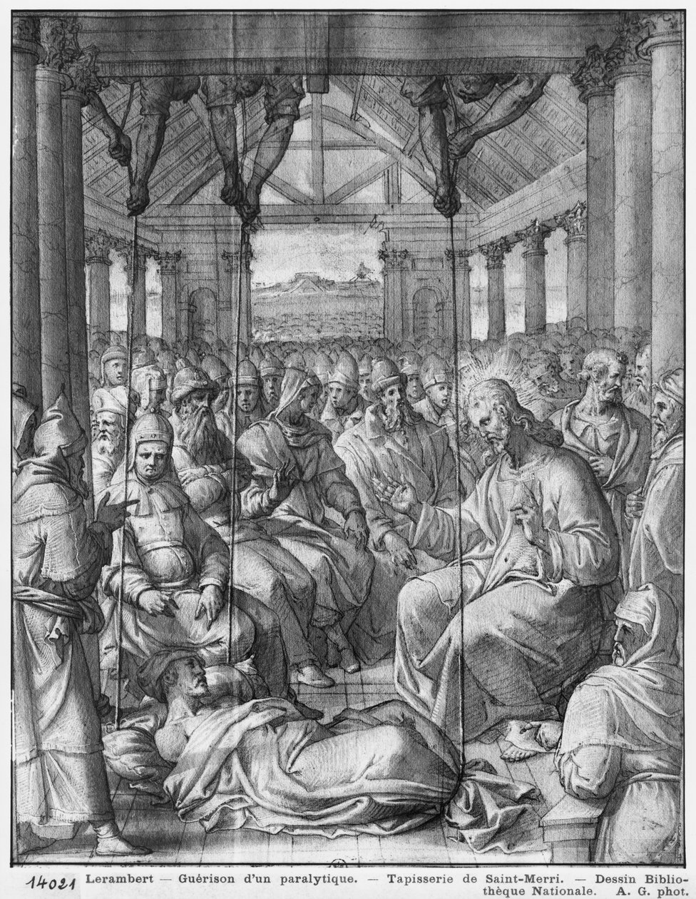 Life of Christ, Jesus healing a paralytic at Capernaum, preparing study of gobestry cartoon for Church Saint-Merri i Paris, c.1585-90 (pierre noire und wash und white highlights on paper) av Henri Lerambert