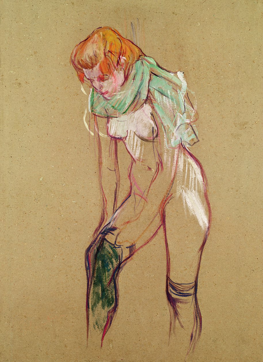 Kvinna som drar upp sin strumpa, 1894 (olja på kort) av Henri de Toulouse Lautrec