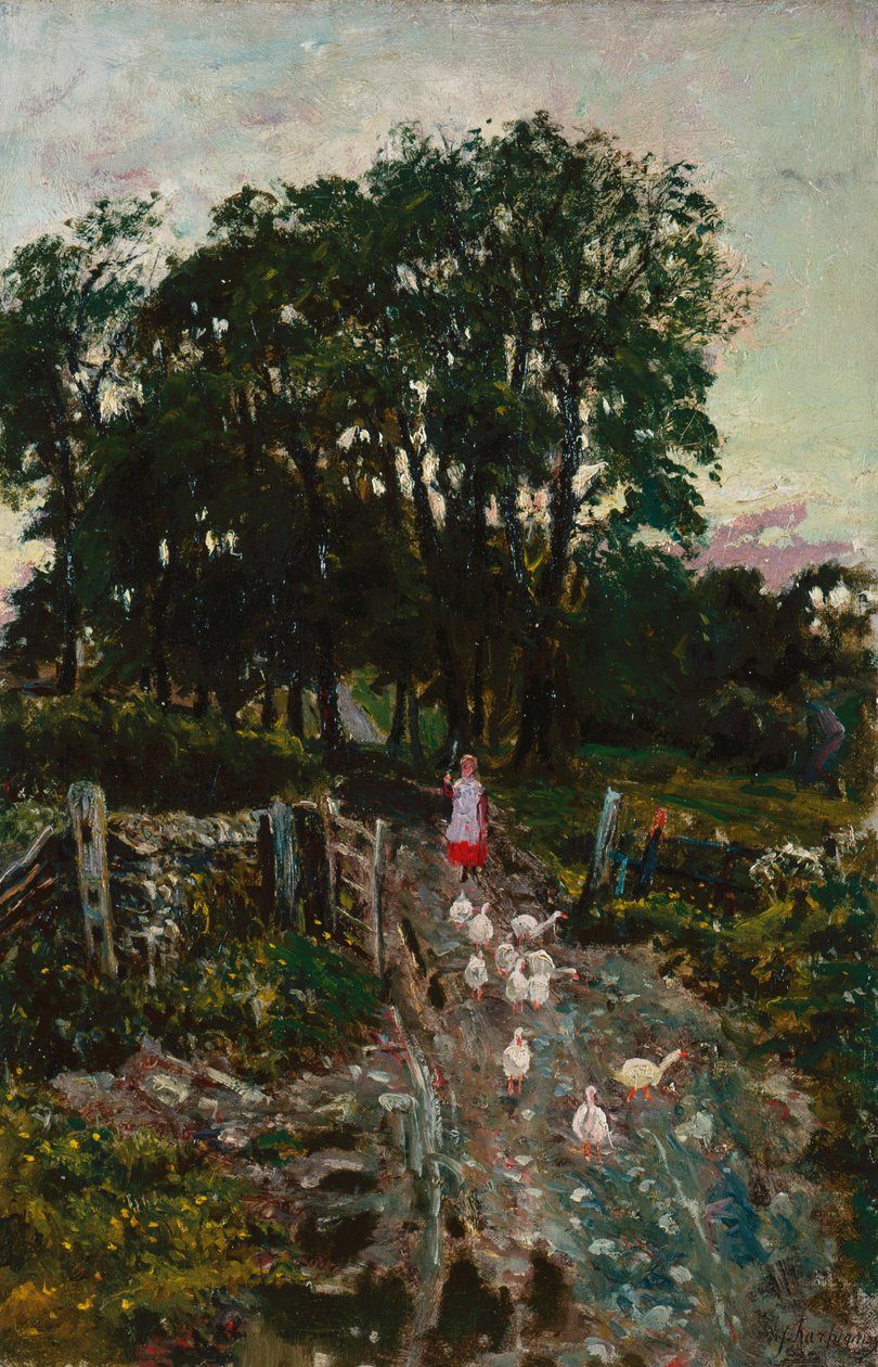 Flicka med ankor (olja på duk) av Henri Joseph Harpignies