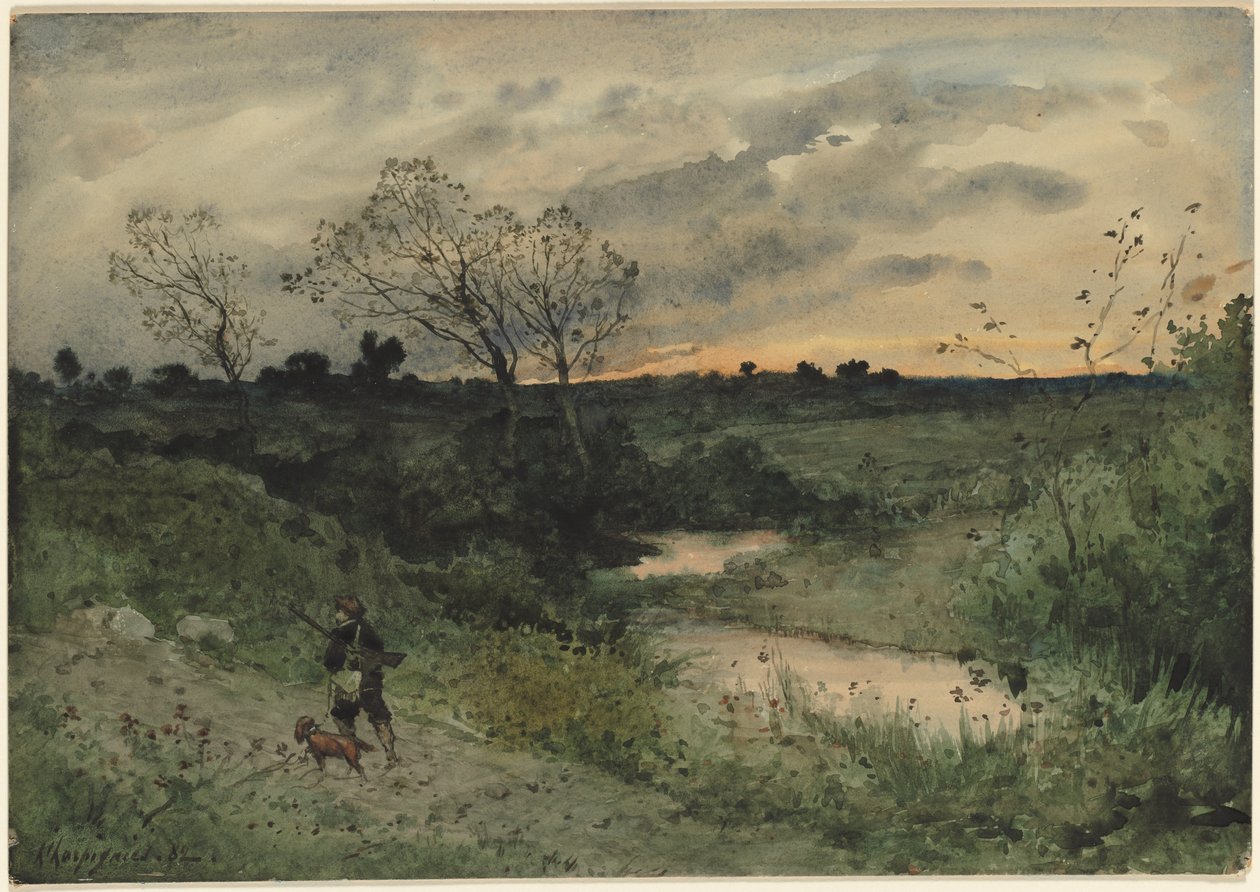 Dawn - Hunter with Dog, 1882. av Henri Joseph Harpignies
